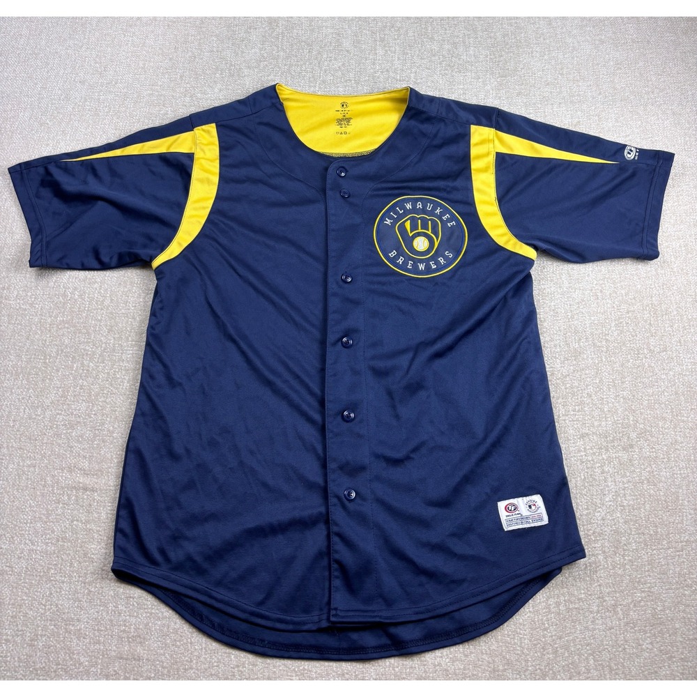 True Fan Milwaukee Brewers MLB Jersey Mens Large Navy Blue Yellow Button Front